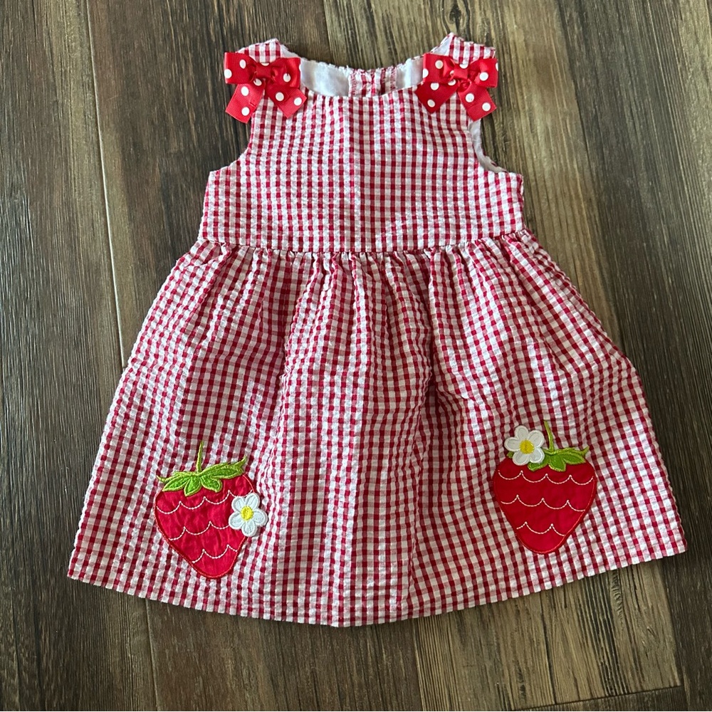 Counting Daisies strawberry red and white gingham sun dress baby girl 18 Mo